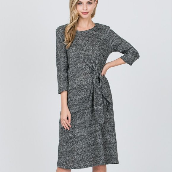 threadjourney Dresses & Skirts - New Round Neck Grey Tie Front Sweater Dress